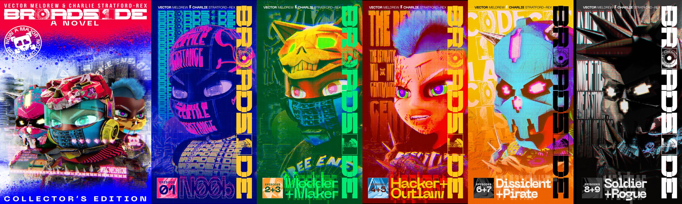 Broadside: A Novel, Collector's Edition, and its chapter covers — Noob, Modder + Maker, Hacker + Outlaw, Dissident + Pirate, Soldier + Rogue