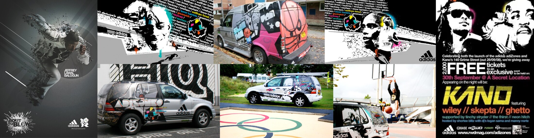 adidas adiZones campaign artwork, the Slam Van, and the Kano adiZones launch featuring Wiley, Skepta and Ghetto