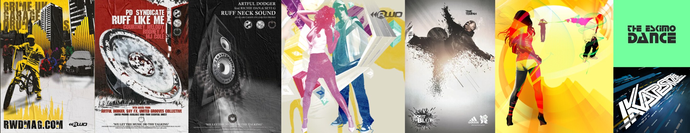 Record artwork and campaign design — Artful Dodger, PD Syndicate, adidas' About to Blow featuring Tinie Tempah, and Wiley's Eskimo Dance
