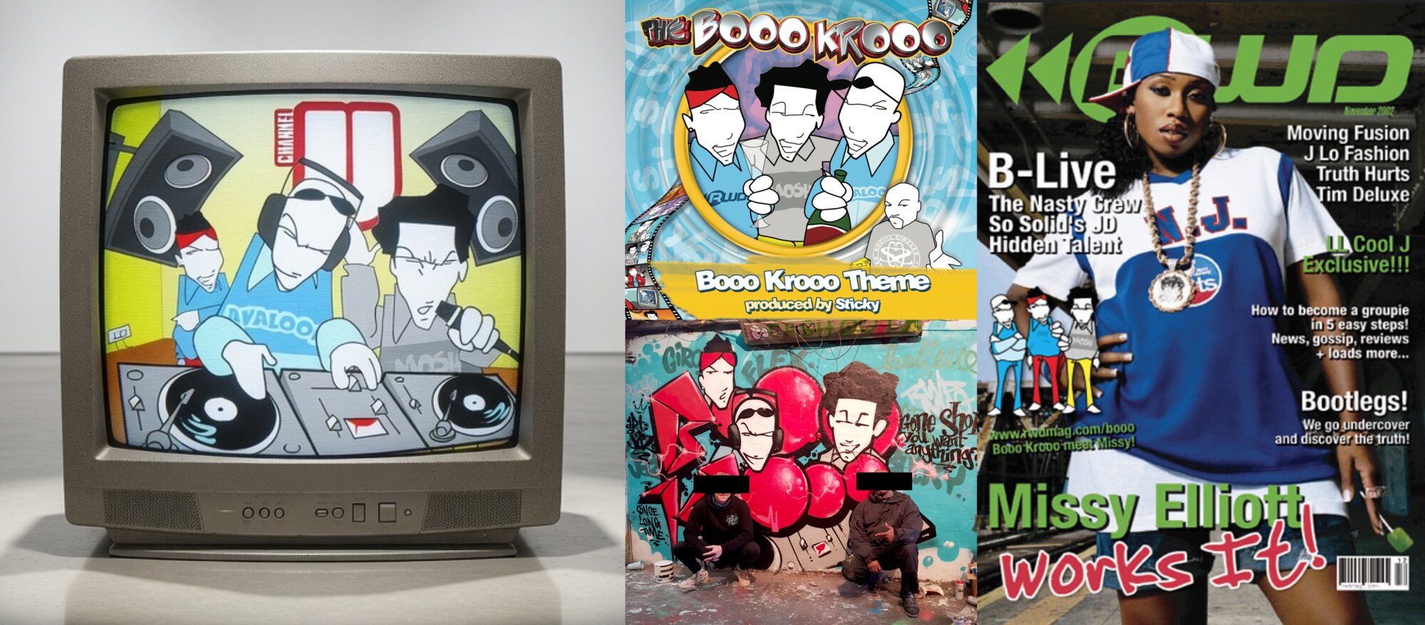 The Booo Krooo on Channel U, the Booo Krooo Theme produced by Sticky, the animation repainted as a mural, and the RWD cover marking Missy Elliott's tie-in
