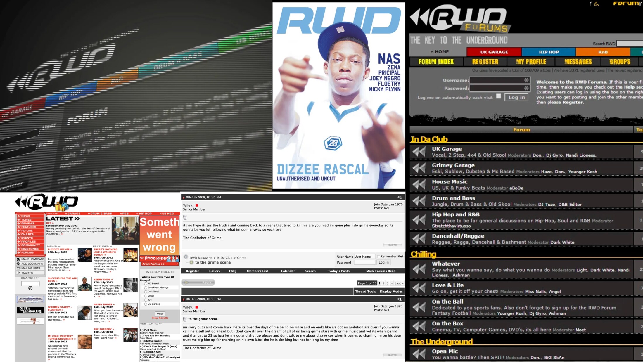 RWDmag.com and the RWD Forums — the site, the Dizzee Rascal cover, and Wiley's posts on the forum